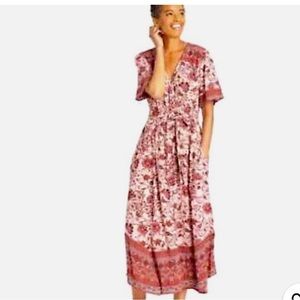 KNOX ROSE Boho  Pink Floral Wrap Midi Dress